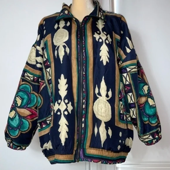 Vintage 90’s Stunt Sports 100% Silk Boho/Southwestern/Aztec Bomber Jacket Sz 2X - Picture 3 of 15